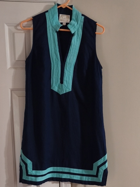 Sail to Sable Tops - Sail to Sable Navy Shift Dress with Aqua Trim